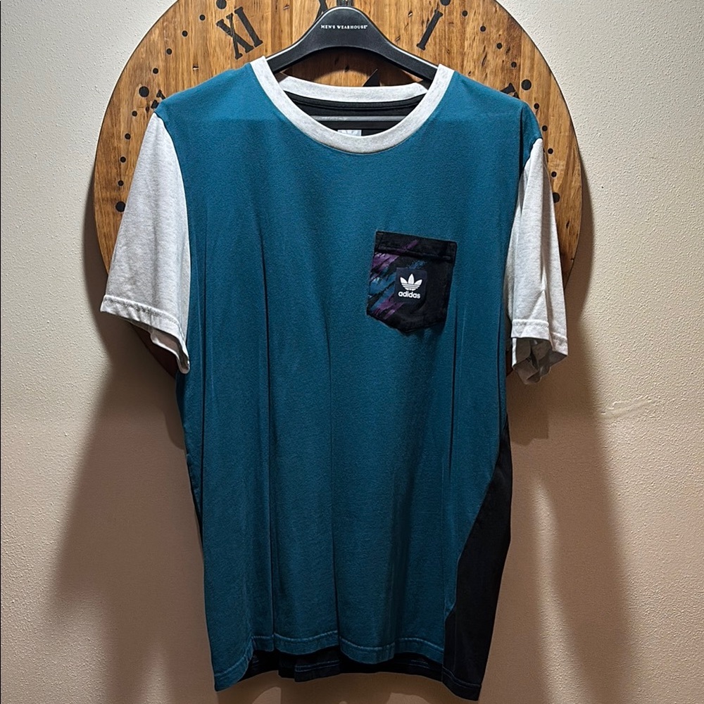 Adidas Men's Teal and White Skateboarding T-Shirt